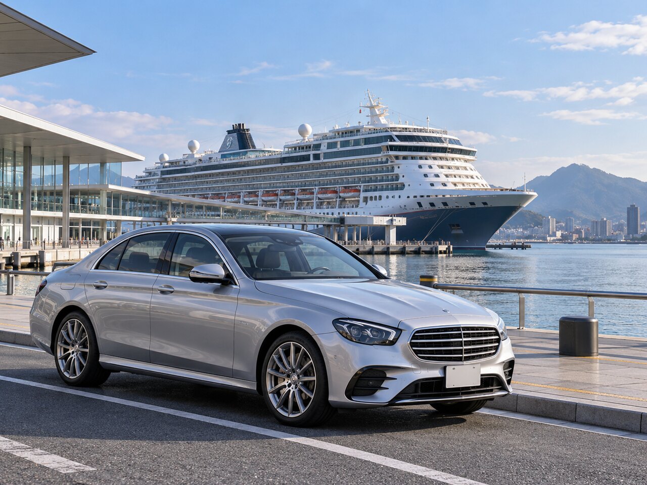 クルーズ船ターミナルに停車するMercedes-Benz E 200 Sportsのイメージ